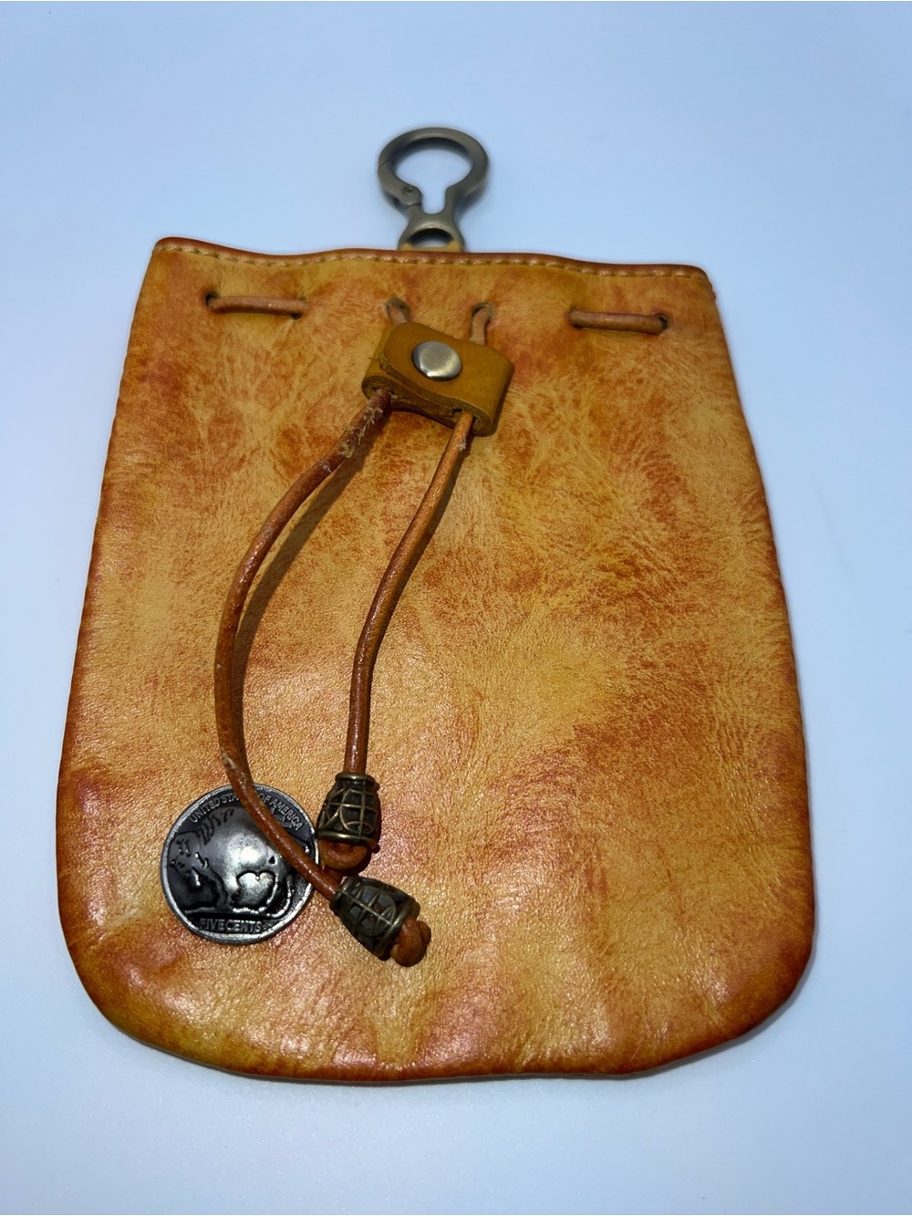 Leather Drawstring Coin Pouch - Tan